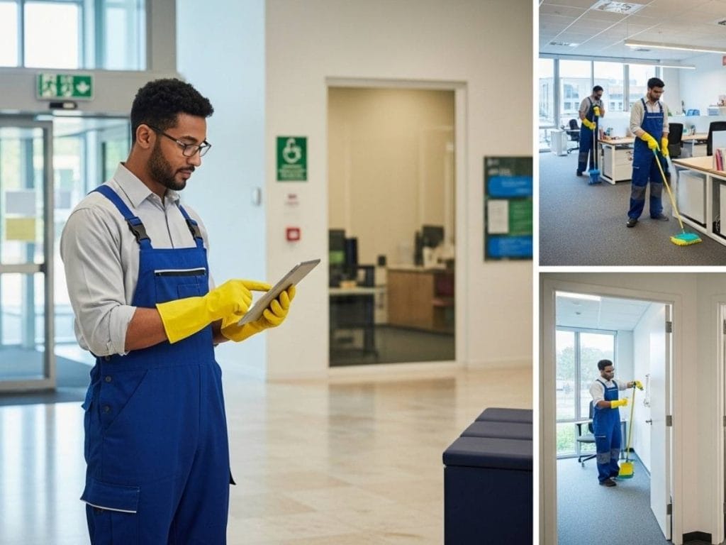 Commercial cleaning team implementing a structured risk-based cleaning program in a modern office environment.