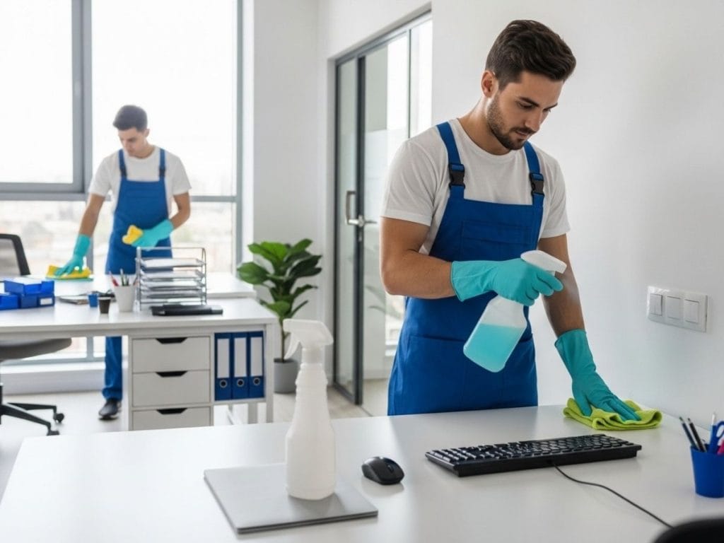 Office cleaners performing routine cleaning and touchpoint disinfection on high-contact surfaces