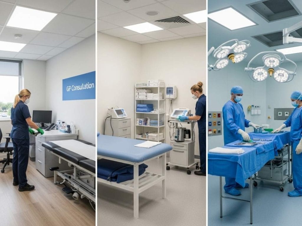 Side-by-side comparison of cleaning practices in a GP clinic, allied health therapy room, and sterile day surgery facility.