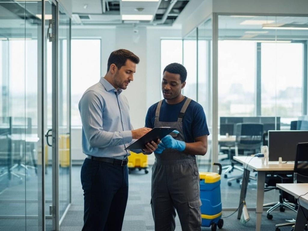 Facility manager and cleaning supervisor reviewing a commercial cleaning checklist during an office site walkthrough.