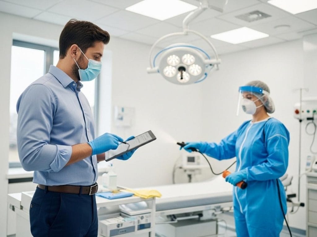 Healthcare manager auditing medical cleaning procedures while staff in PPE disinfect a clinical room
