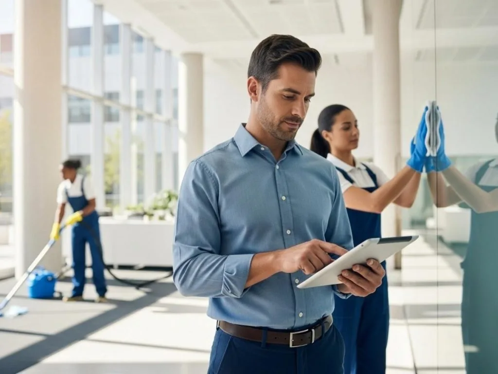 Facilities manager reviewing a commercial cleaning contract while staff clean a modern office building.