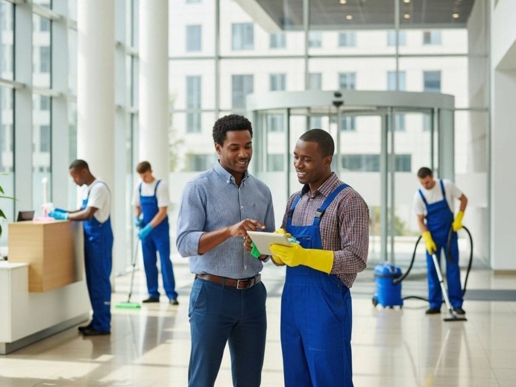 Facility manager discussing commercial cleaning service requirements with a professional cleaning team in a modern office building.