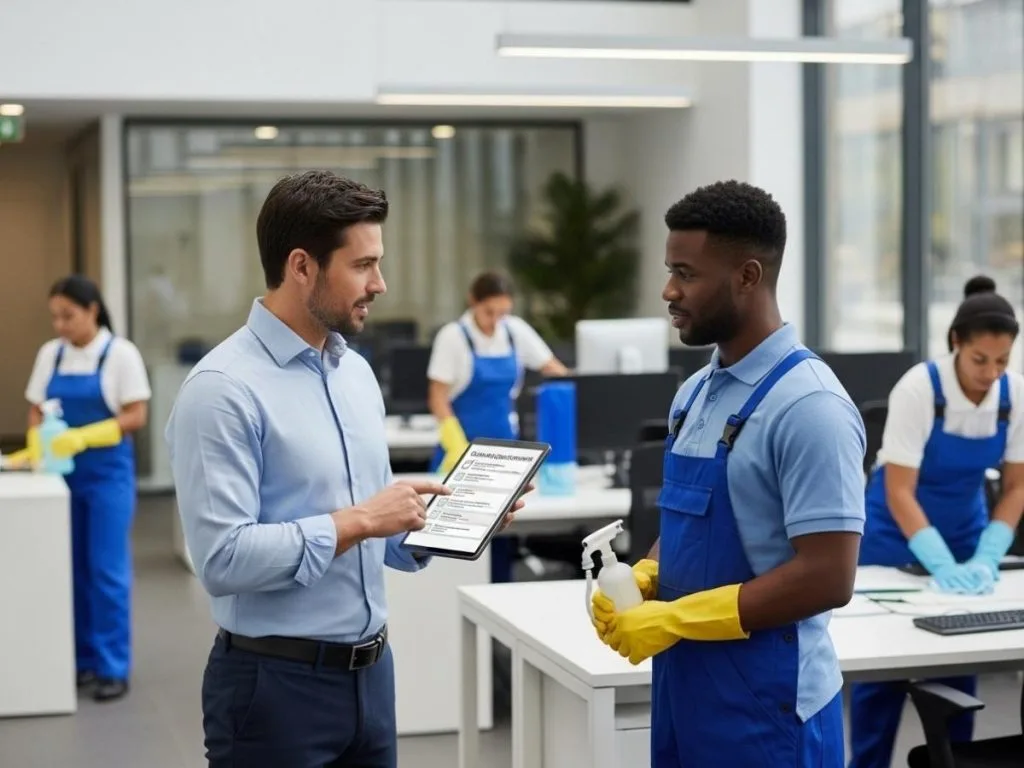 Facilities manager reviewing office cleaning checklist with a commercial cleaning supervisor in a modern workplace.