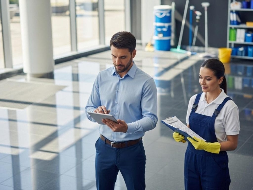 Facility manager evaluating cleaning inspection report with supervisor in a modern commercial building