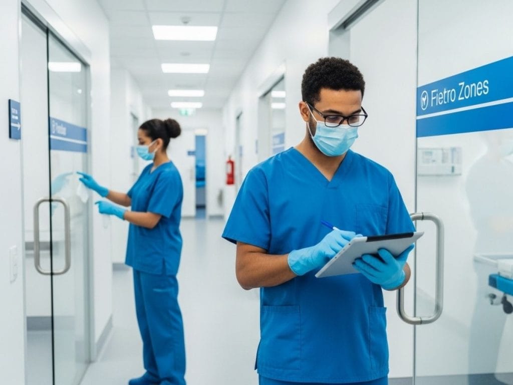 Healthcare cleaning supervisor reviewing compliance checklist while staff disinfect clinical areas in a medical facility.