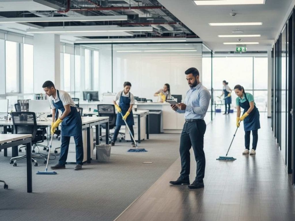 Facilities supervisor monitoring cleaning quality across a large modern office floor with multiple janitorial staff.