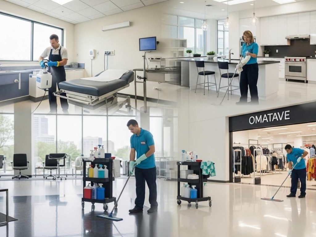 Professional cleaners disinfecting surfaces across healthcare, office, and retail environments to meet industry cleaning standards.