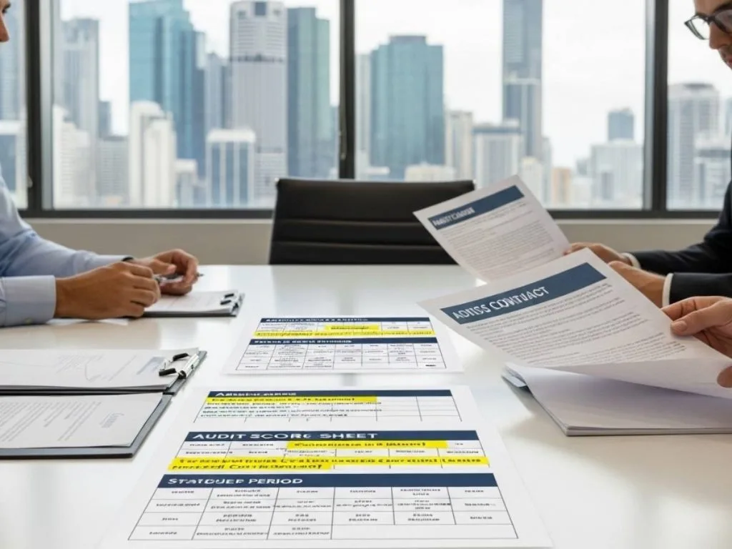Facility managers reviewing commercial cleaning contract terms in a Brisbane office boardroom.