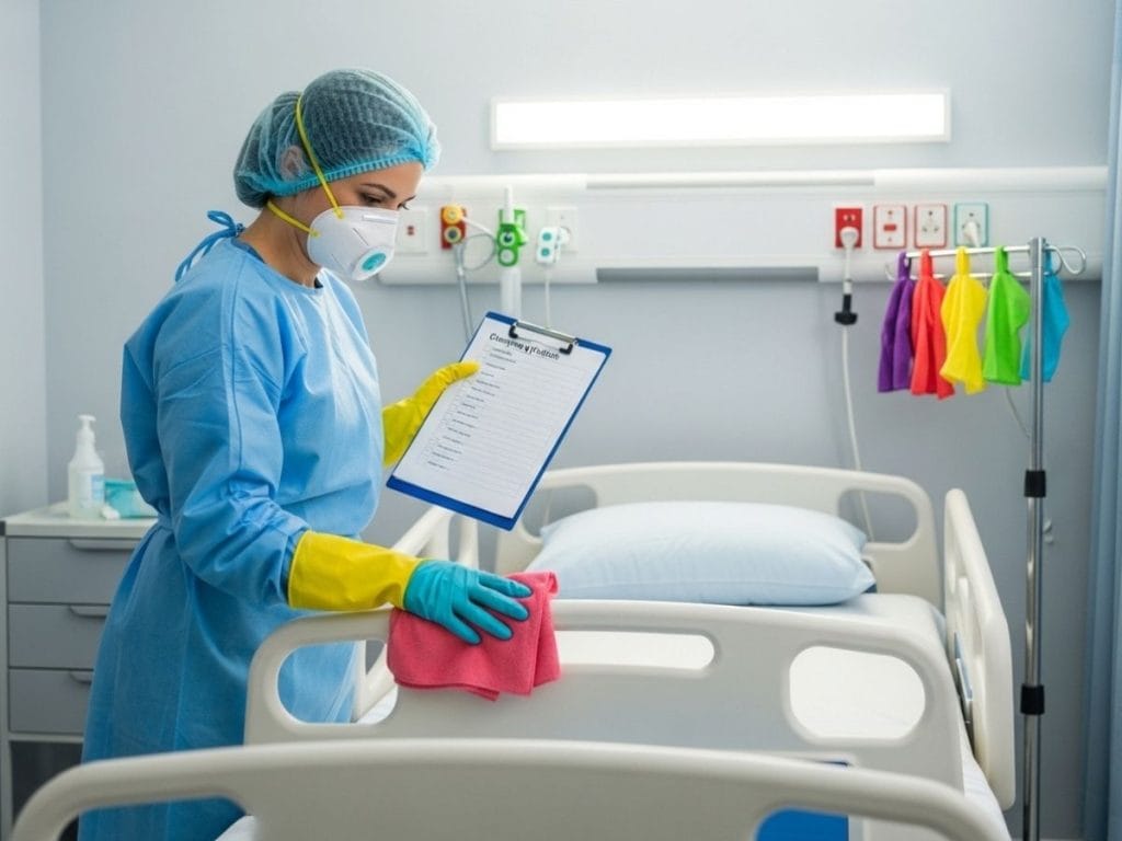 Healthcare worker disinfecting a clinical room using proper infection control procedures and color-coded cleaning tools
