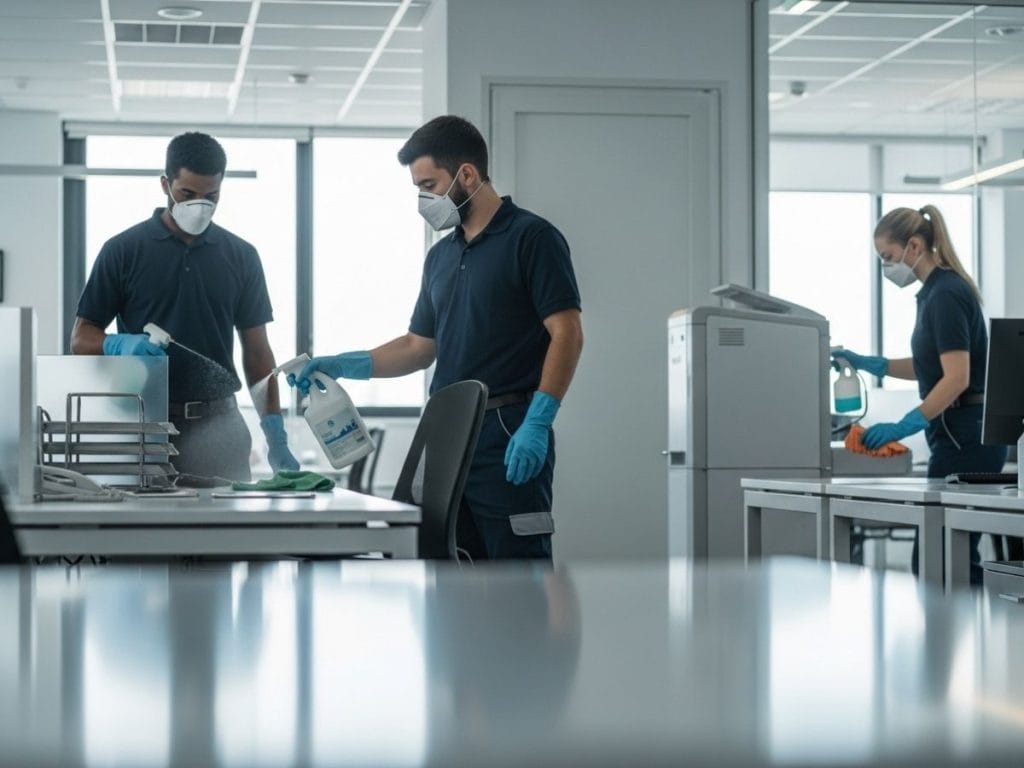 Professional cleaners disinfecting office surfaces to ensure workplace safety and infection prevention