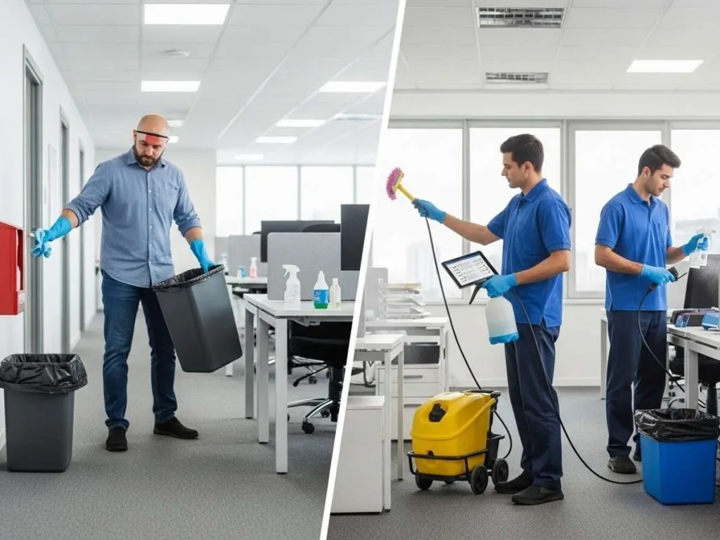 Side-by-side comparison of basic janitorial cleaning versus professional commercial office cleaning with specialized equipment and procedures.