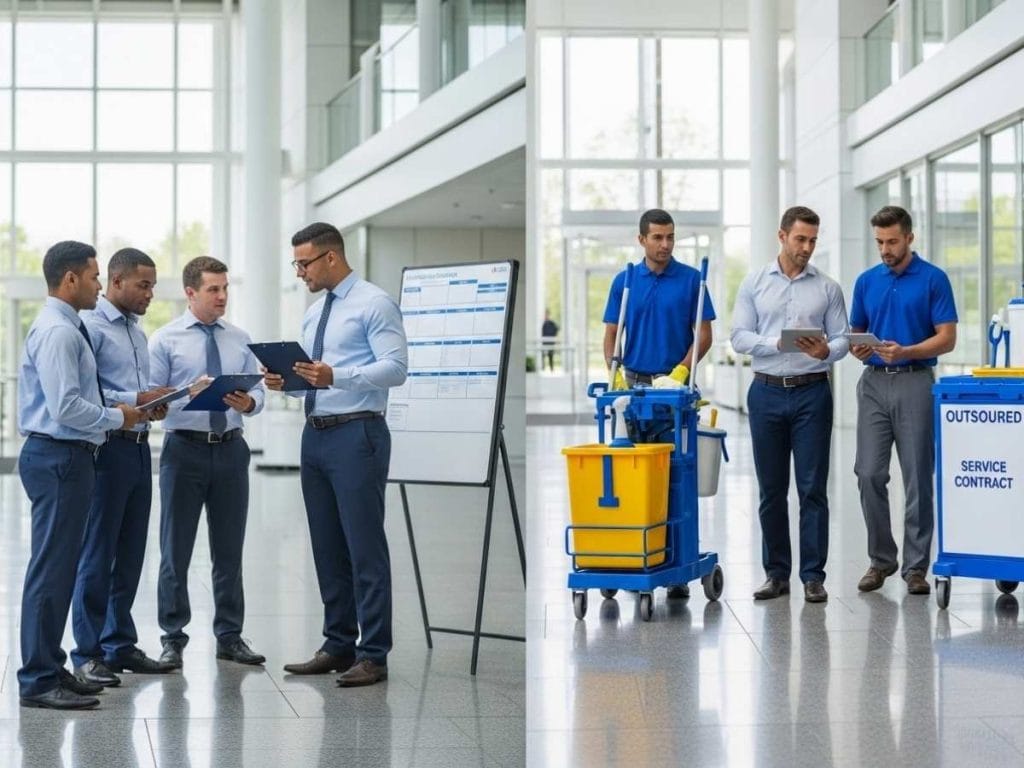 Side-by-side comparison of in-house cleaning staff and outsourced commercial cleaning team in a modern office facility.
