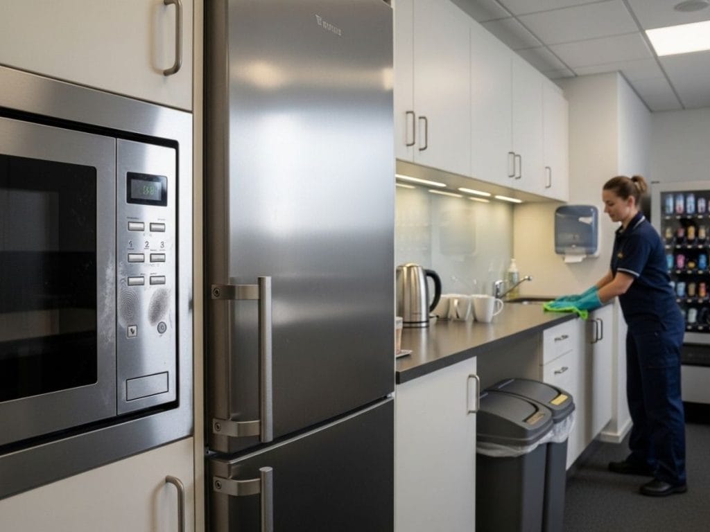Office break room kitchen with shared appliances and high-touch surfaces being cleaned by a staff cleaner.