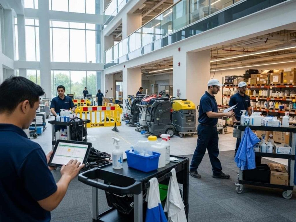 Facilities management team coordinating commercial cleaning operations during building expansion and peak demand.