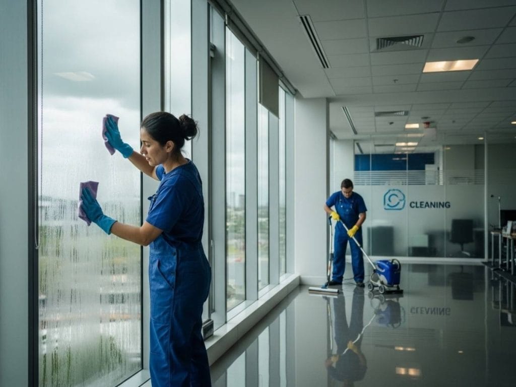 Commercial cleaners maintaining an office building in Southeast Queensland during humid, storm-prone conditions.