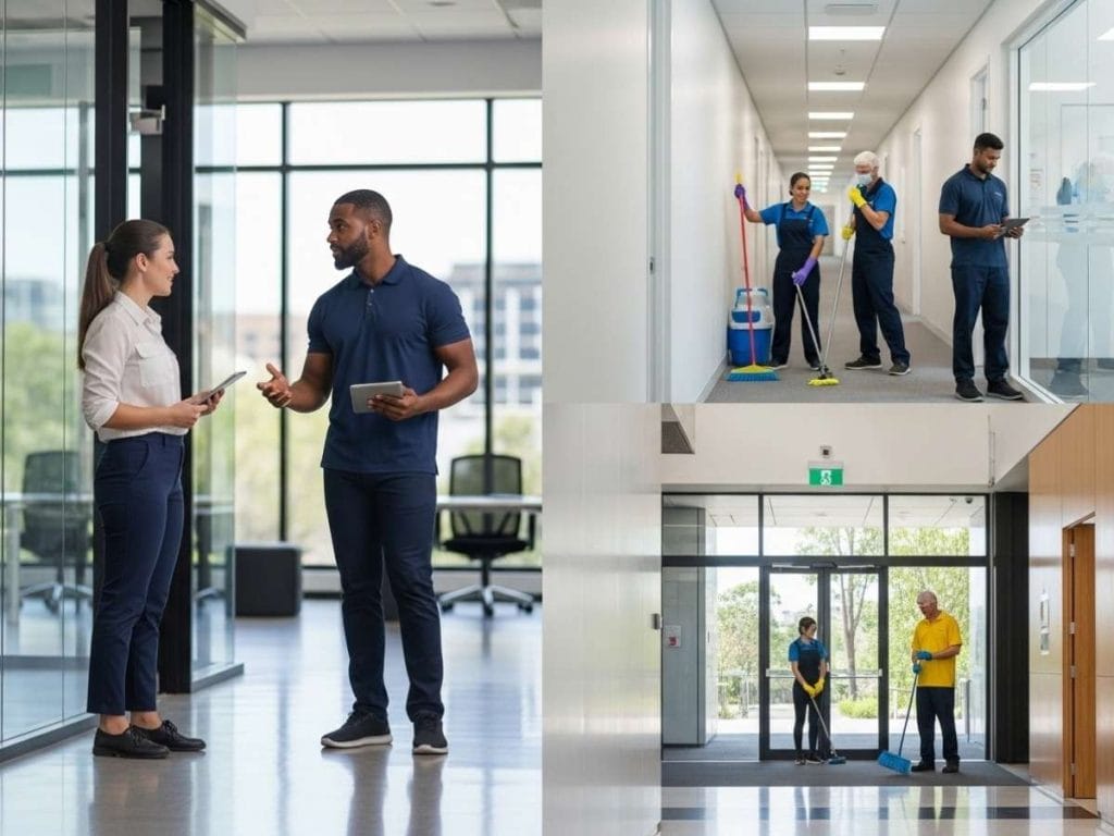 Commercial cleaning supervisor reviewing operational plans with facility manager in a modern office building.