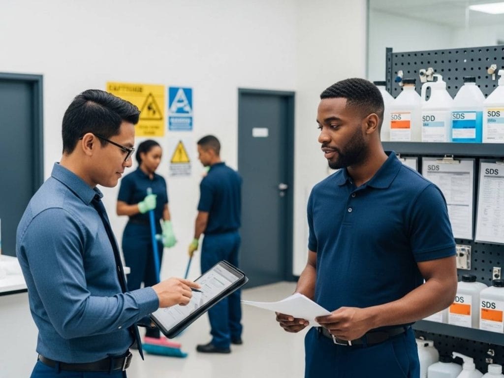Facility manager reviewing cleaning contractor compliance checklist with supervisor in a commercial workspace.