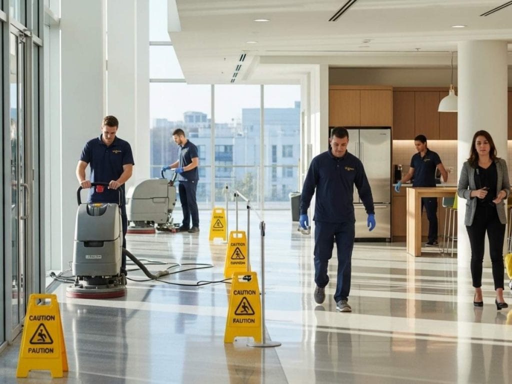 Commercial cleaners maintaining safety in a high-traffic office building using zoned barriers and early morning scheduling.