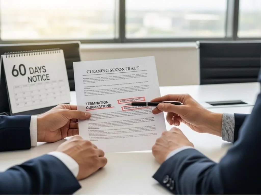 Business professionals reviewing a cleaning contract with notice period and termination clauses highlighted in a modern office.