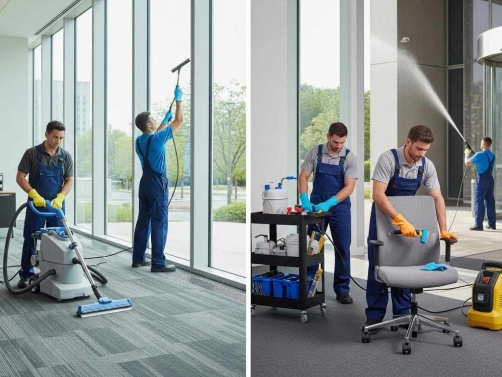 Professional cleaners performing carpet steam cleaning, window washing, upholstery cleaning, and pressure washing as part of office cleaning add-on services.