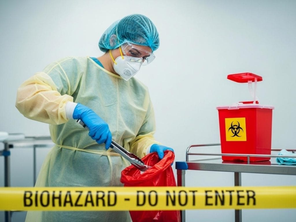 Medical cleaning staff in full PPE safely handling biohazard cleanup and sharps in a hospital environment