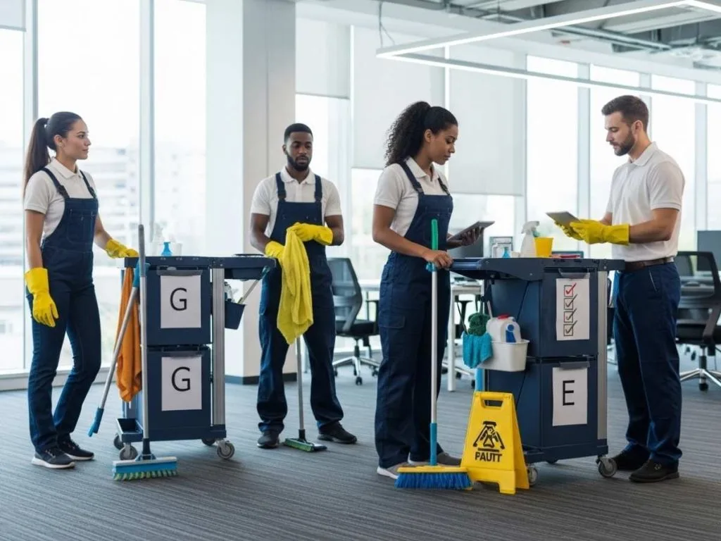 Commercial cleaning team receiving supervision and training while preparing equipment inside a modern office.