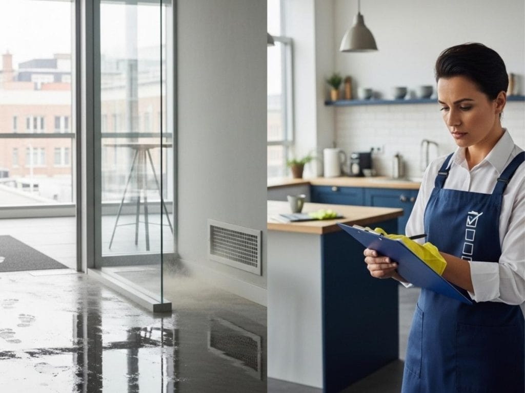 Office interior showing cleaning oversights like wet floors, dusty vents, and incomplete sanitisation during a safety inspection.