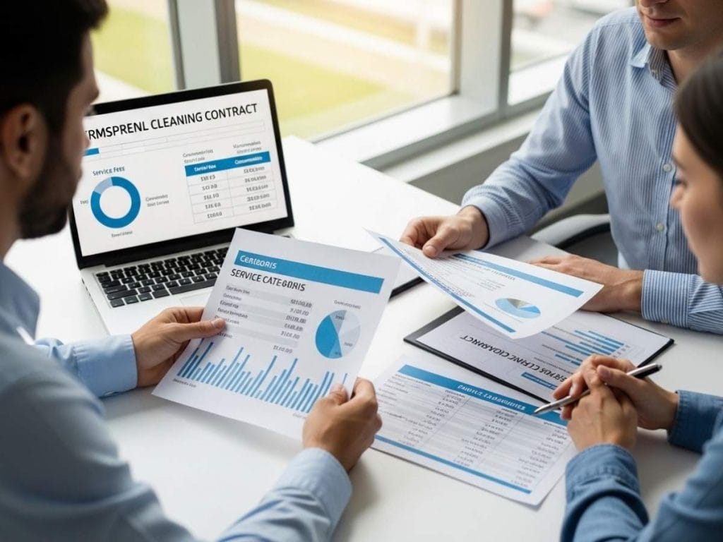 Facilities and procurement professionals reviewing a transparent commercial cleaning contract with pricing breakdowns in a modern office.