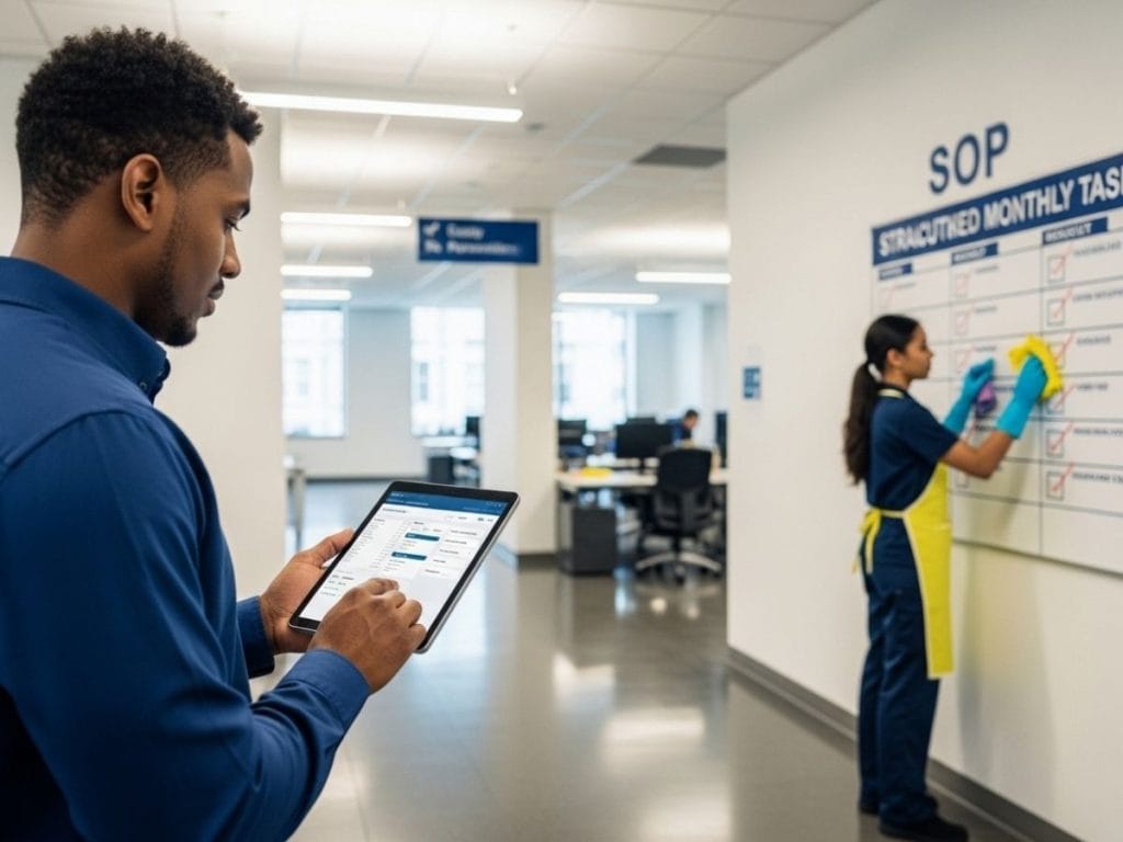 Facility manager reviewing a commercial cleaning quality assurance dashboard while staff follow documented SOP cleaning procedures in a modern office building.