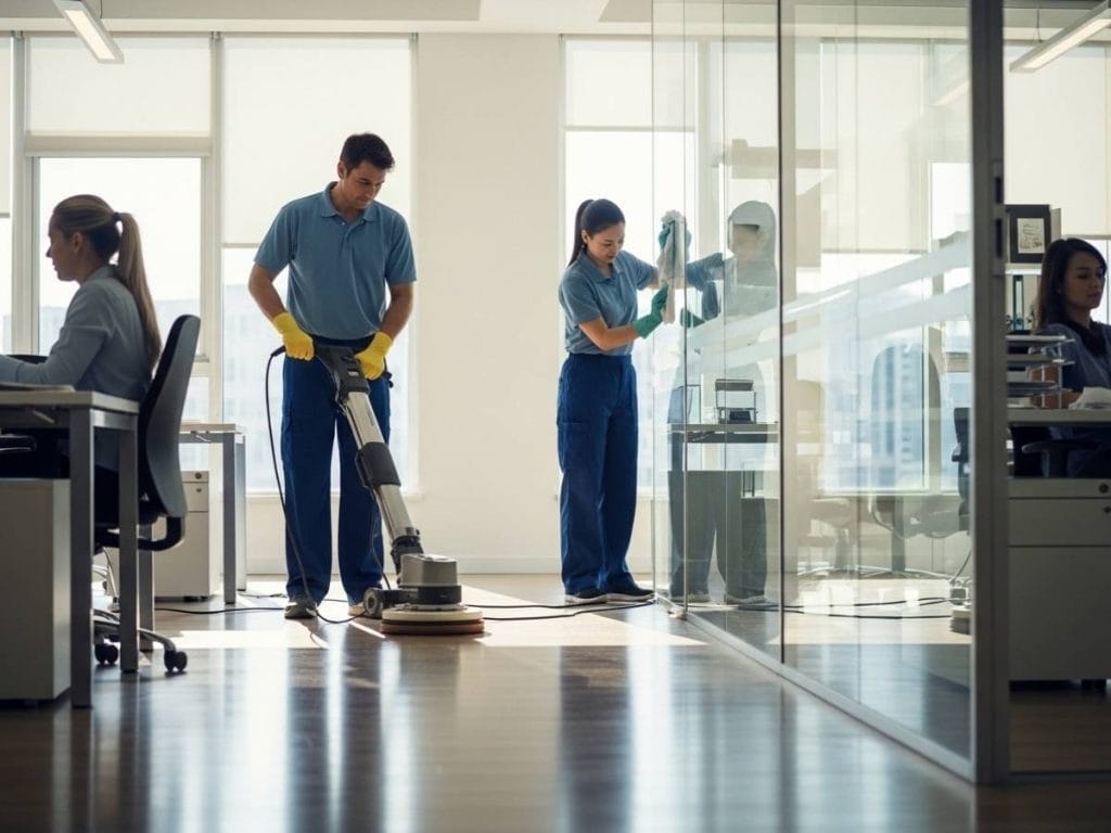 Professional commercial cleaners maintaining a bright modern office to support workplace health, safety, and productivity.