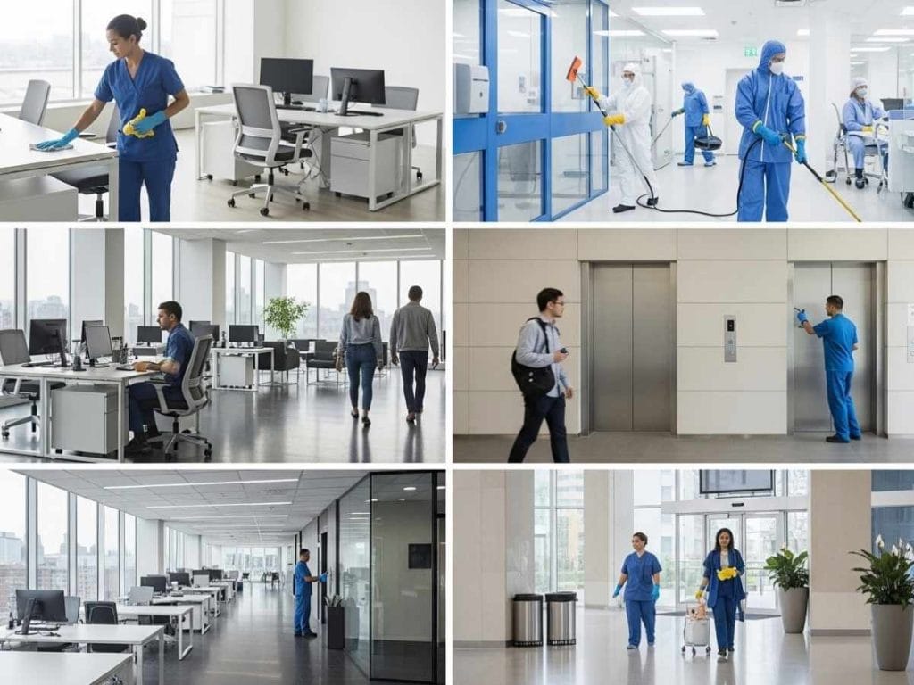 Different workplace environments showing varied cleaning frequencies based on foot traffic and industry type