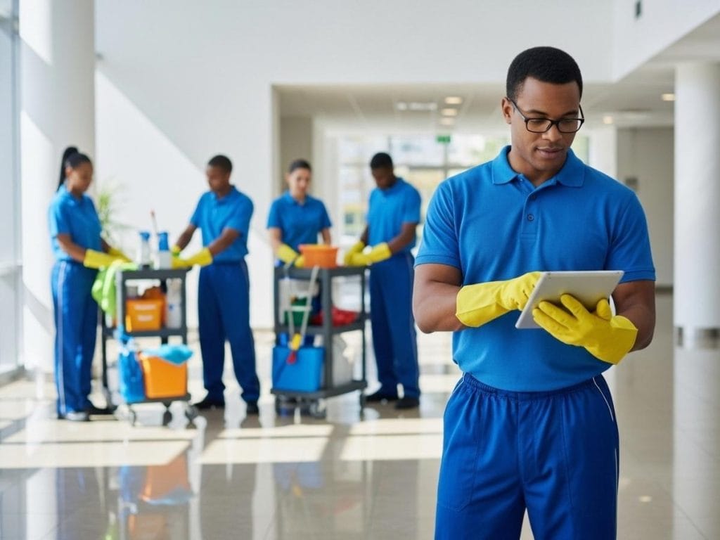 Commercial cleaning supervisor coordinating trained janitorial staff using a digital checklist in a modern office building.