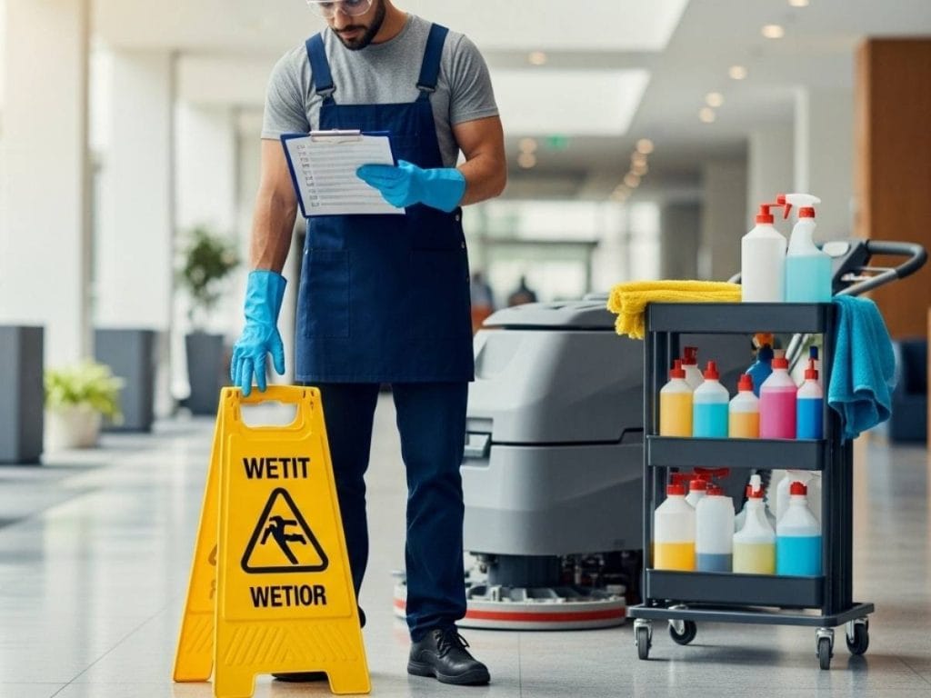Commercial cleaner in a busy lobby following a safety checklist with wet floor sign and labeled cleaning supplies visible.