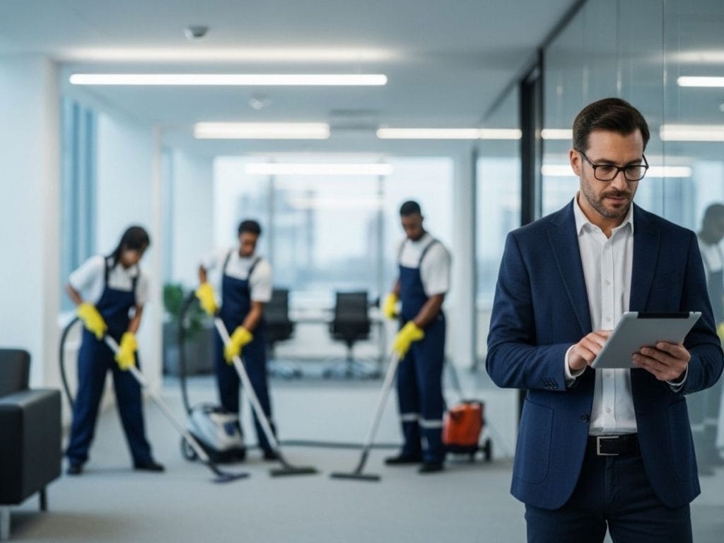 Facility manager overseeing an outsourced commercial cleaning team performing after-hours office maintenance.