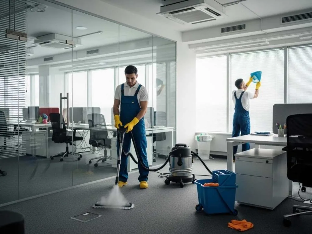 Professional cleaners performing scheduled deep cleaning in a modern open-plan office with carpet steam cleaning and dusting.