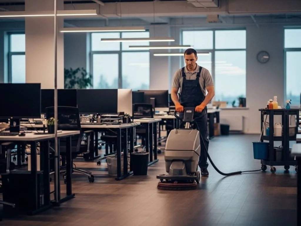 Professional commercial cleaner maintaining a large office workspace after hours.