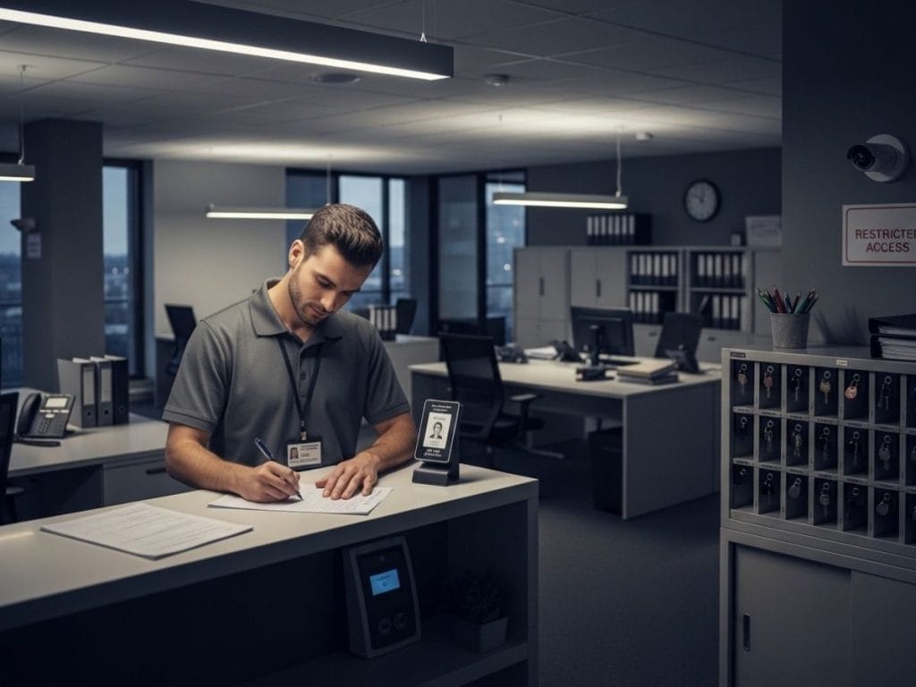After-hours cleaning staff following secure access protocols in a government office environment
