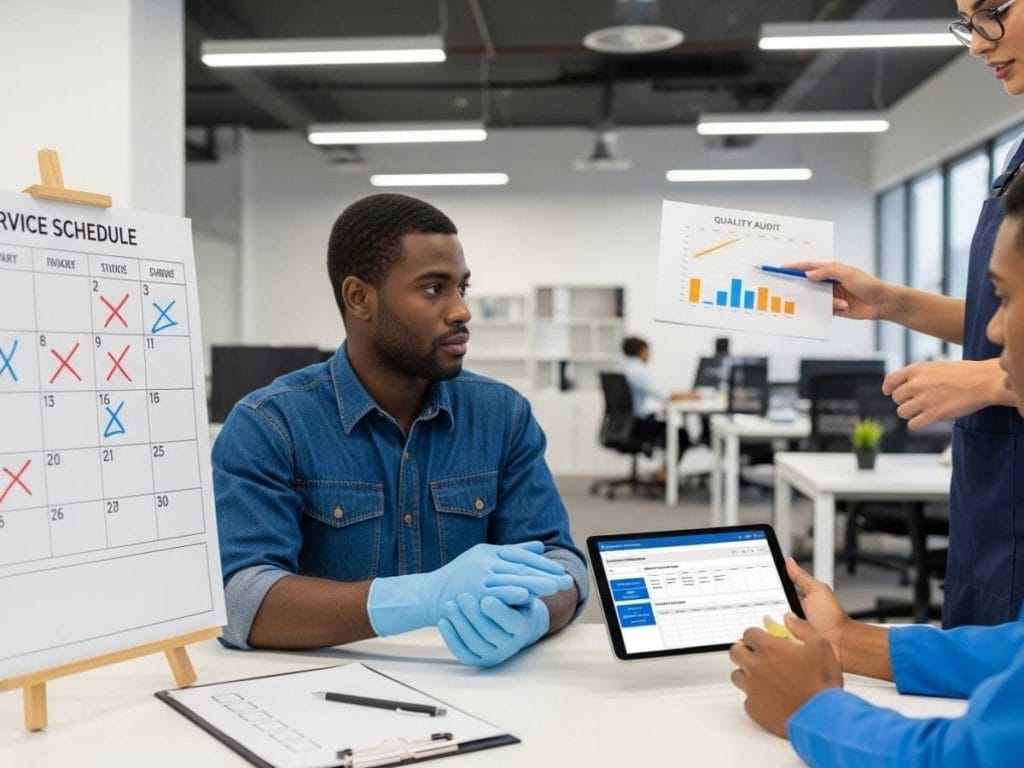 Facility manager and cleaning staff reviewing service schedule and cleaning performance metrics in a modern office setting.