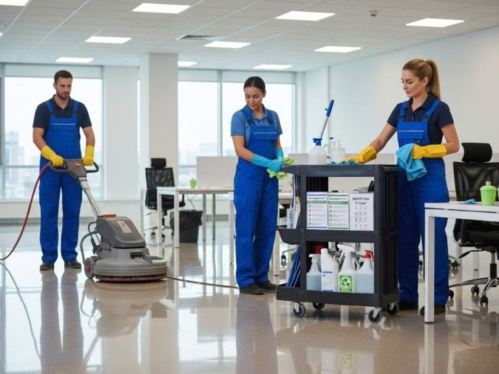 Professional commercial cleaners using color-coded tools and commercial equipment to maintain a modern office workspace safely.