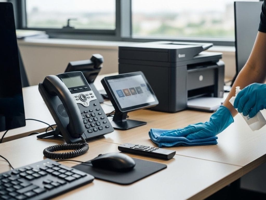 Office cleaner disinfecting shared office equipment like keyboards, phones, and printer touchscreens in a modern workspace.