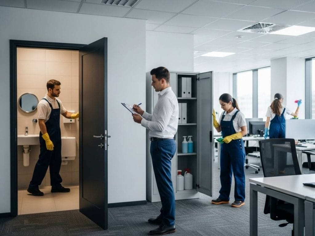 Supervisor inspecting office cleaning practices and identifying hygiene risks and compliance gaps