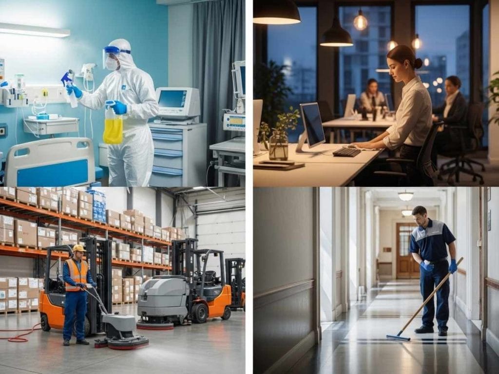 Professional cleaners working in healthcare, corporate office, government, and industrial warehouse environments.