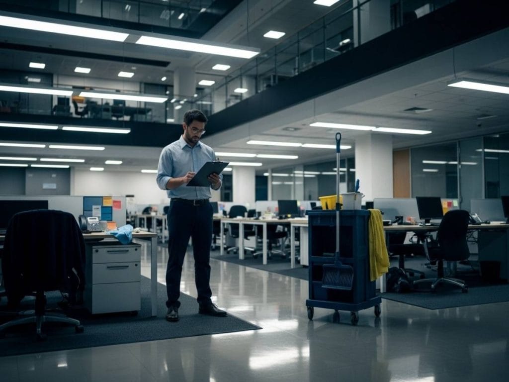 Facilities manager in a large office noticing incomplete cleaning due to staffing shortages.