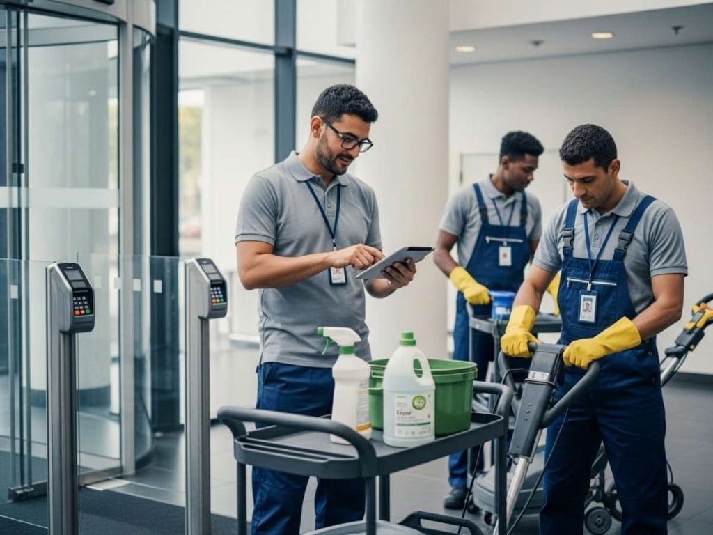 Professional commercial cleaning staff with ID badges preparing equipment in a modern office building lobby.