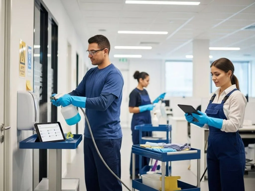 Commercial cleaning staff following compliance procedures and documenting cleaning tasks on a digital checklist in a professional facility.