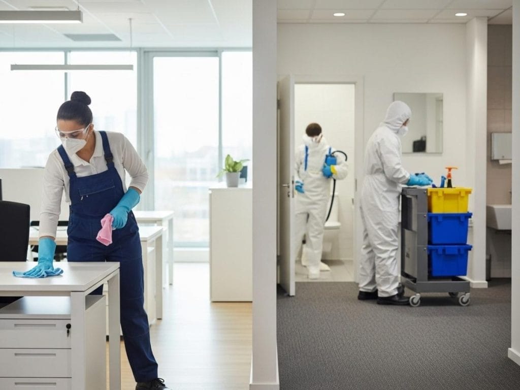 Commercial cleaners following structured cleaning zones with separate equipment and PPE to prevent cross contamination