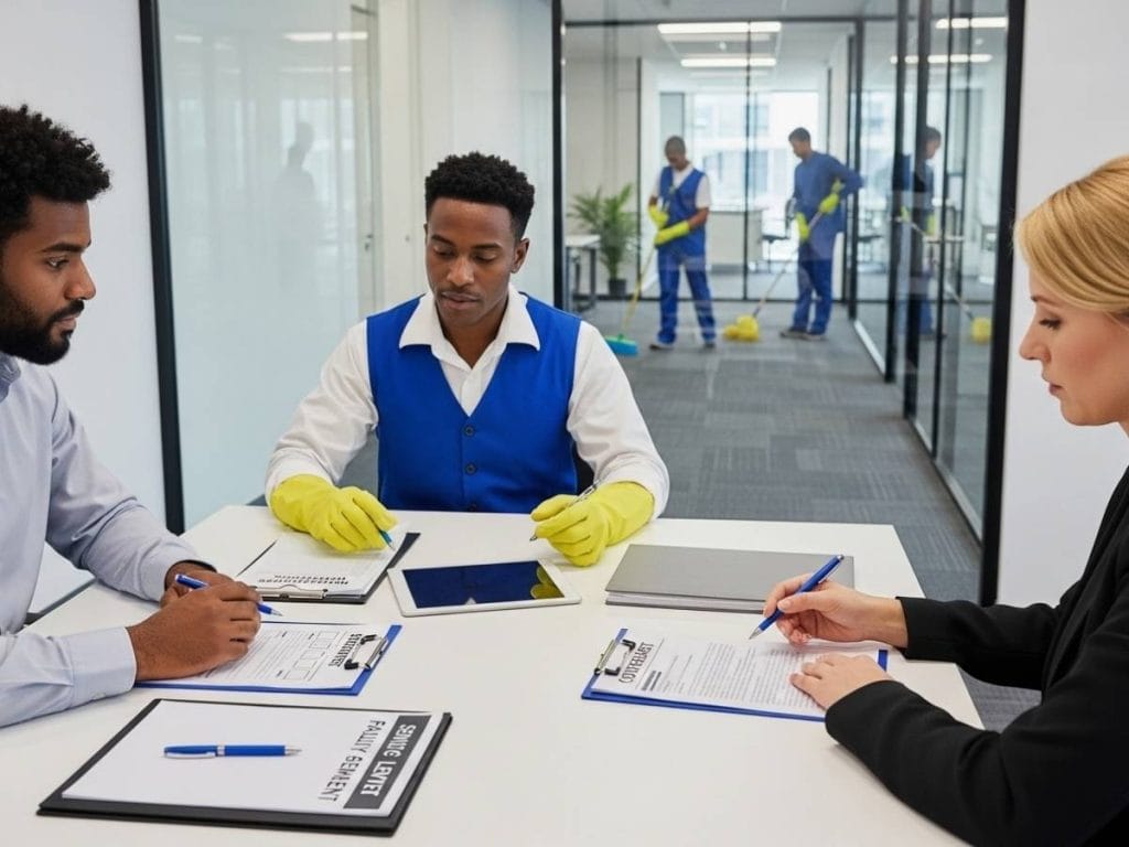 Facility manager and cleaning supervisor reviewing service level agreements and performance reports for commercial cleaning operations.