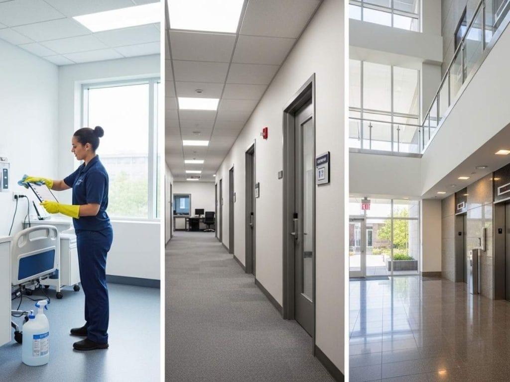 Professional cleaner maintaining different workplace environments including a medical clinic, government office, and shared commercial lobby.
