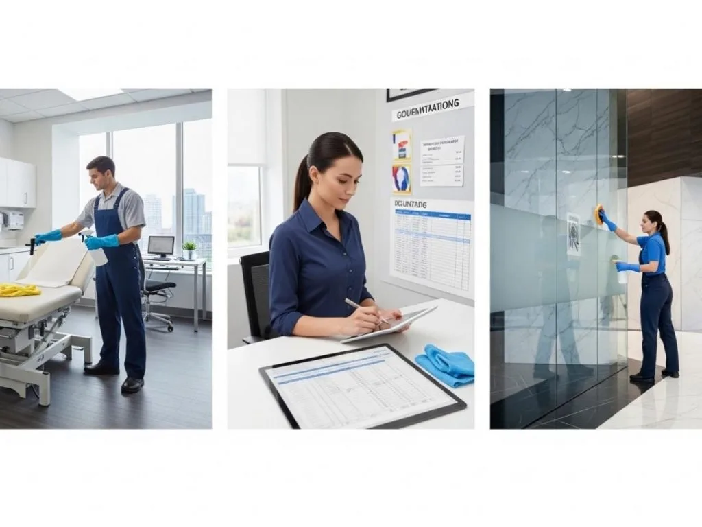 Professional cleaners performing specialized cleaning tasks in a medical clinic, government office, and corporate headquarters environment.